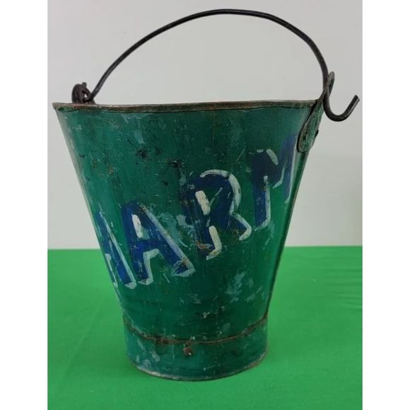 Antique Enamel Green Bucket with CHARM painted on  Rusty pail with Handle - Picture 4 of 5